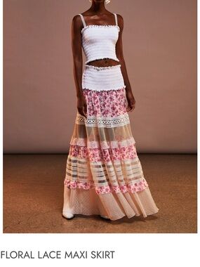 CHIO Bohemian Ruffled Crochet Tiered Maxi Skirt in Blue. Resort Wear